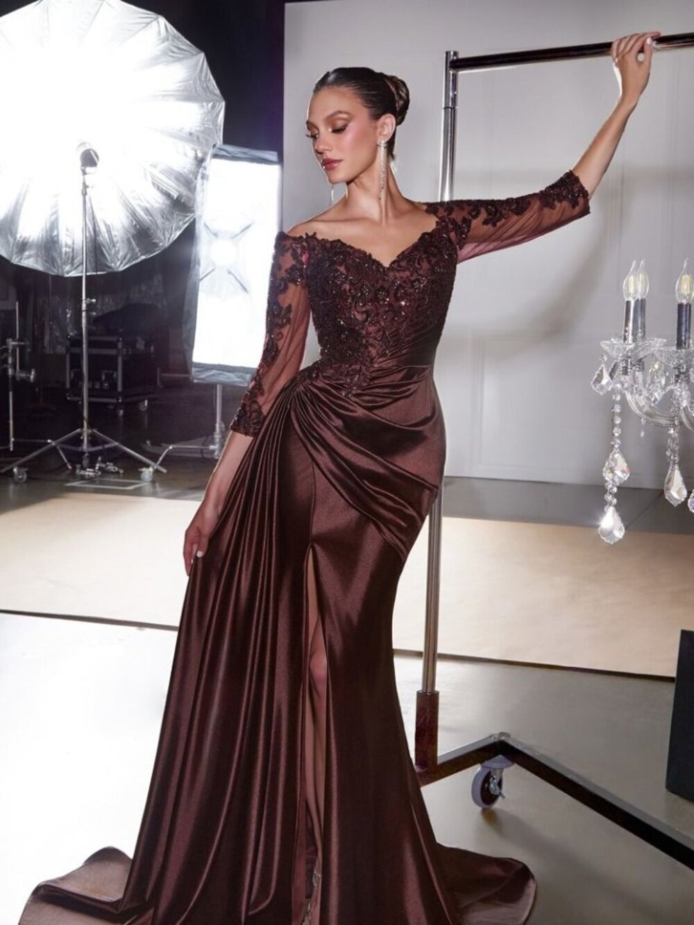 New Off Shoulder Sheath Red Carpet Gown w/ Sheer Long Sleeves & Leg CDS549